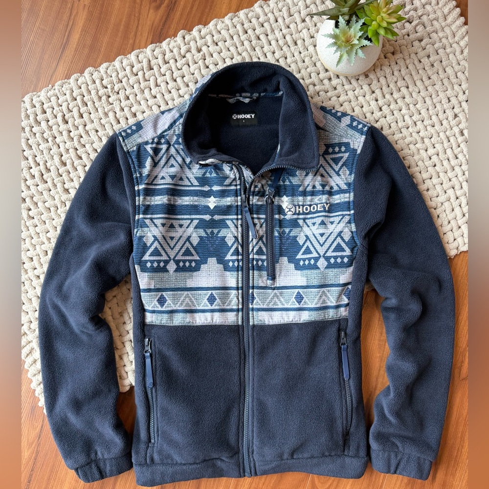 Hooey | Women’s Zip-Up Tech Fleece Jacket in Navy Blue Aztec | Small